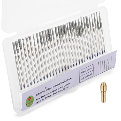 ILOVETOOL 30Pcs Diamond Drill Bit Set, 2.35mm Shank Diamond Burr Bits for Rotary Tool, Compatible with Dremel Tool for Glass, Ceramic, Stone, Jewelry Making, Engraving Carving Polishing Bits - size: Shank 2.35mm(3/32-inch)