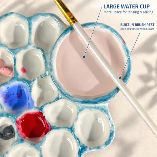 Blue Ceramic Paint Palette with Built-in Washing Area and Large Mixing Area