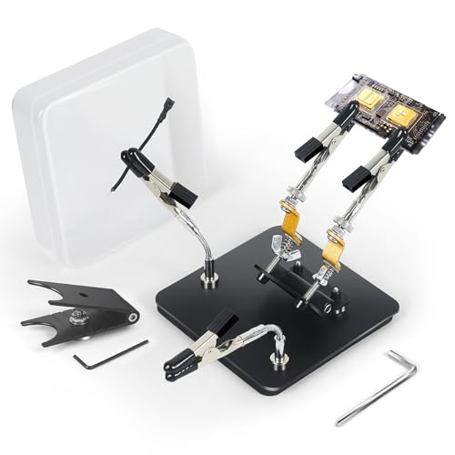 Helping Hands Soldering Station Holder with Iron Holder, Third Hand Tool with 4×4" Metal Non-slip Base, Storage Box and Adjustable Arms, Clamp Stand for Electronics, PCB Repair and DIY, Craft