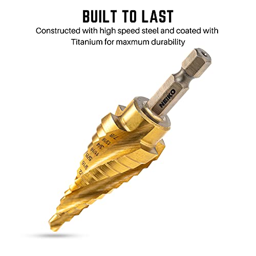 NEIKO 10180A Steel Spiral Quick-Change Step Drill Bit for Metal with 4-Flute Spiral Grooved Design, Nitride-Coated High-Speed Steel Multitool with 12 Sizes in 1 Step Bit, Unibit, Hole Drill Bit - size: #4 (3/16 - 7/8", 12S), style: 4-Flute Spiral