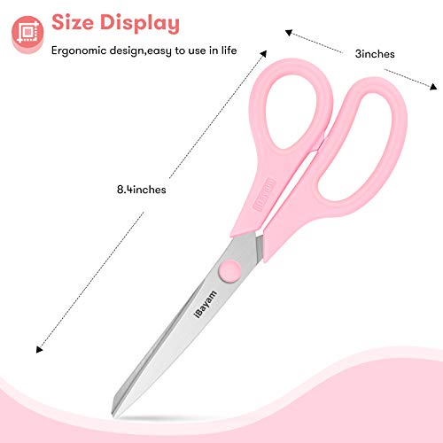 iBayam 8.5" Scissors All Purpose, 2.5mm Sharp Blade, 3 Cute School Office - color: Pastel Pink, Soft Purple, Macaron Blue, size: 3-Pack