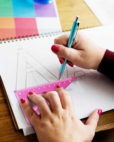 Honagu Triangular Ruler Set, 4 Pieces Aluminum Alloy Ruler, Metal Drafting Ruler, Geometric Protractor for Students, Draftsmen, Engineers, Home School Office Supplies (15cm/5.9inches, Pink) - color: Pink, size: 15cm
