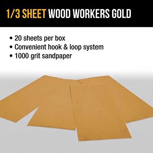 Dura-Gold 1/3 Sheet Gold Sandpaper Sheets, 1000 Grit Box of 20, Hook & Loop - size: 1000-Grit