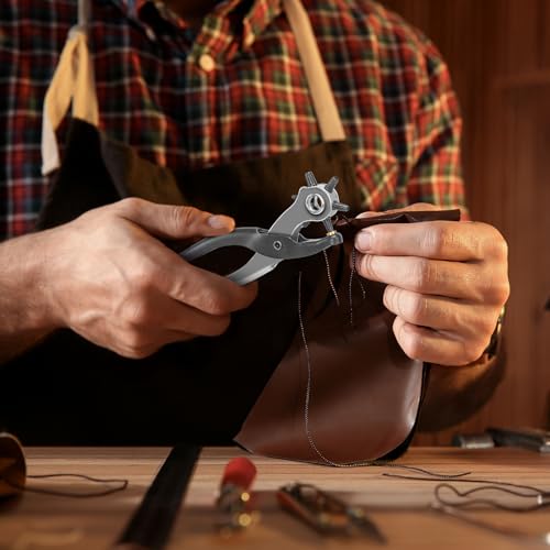Deli 9" Leather Hole Punch Tool – Heavy Duty Rotary Belt Hole Puncher & Leather Punch Tool for Belts, Watch Bands, Dog Collars, Saddles, Shoes, Fabric, DIY Crafts