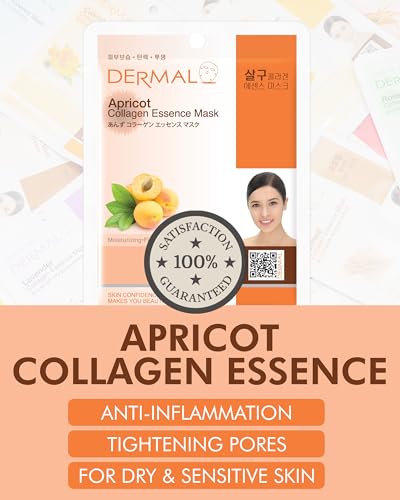 DERMAL Apricot Collagen Korean Essence Sheet Mask, Radiance, 23g, 10 Pack - color: Apricot Collagen