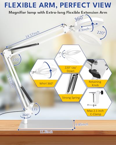15X Magnifying Glass with Light and Stand, 84 LED Magnifying Desk Lamp with Clamp and Base, 10 Dimmable Brightness 5 Color Modes, Hands Free Lighted Magnifying Glass for Close Work, White