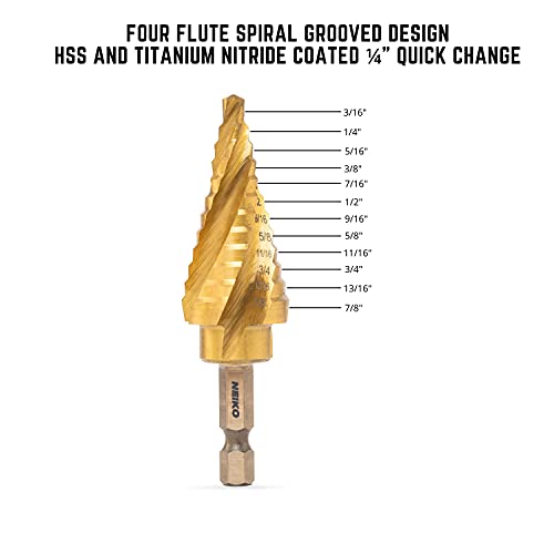 NEIKO 10180A Steel Spiral Quick-Change Step Drill Bit for Metal with 4-Flute Spiral Grooved Design, Nitride-Coated High-Speed Steel Multitool with 12 Sizes in 1 Step Bit, Unibit, Hole Drill Bit - size: #4 (3/16 - 7/8", 12S), style: 4-Flute Spiral