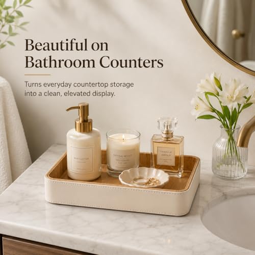 GORESE Rectangle Perfume Tray for Dresser, PU Leather Jewelry Tray for Vanity, Cream White & Wooden - size: 9.8" x 6" x 1.5"