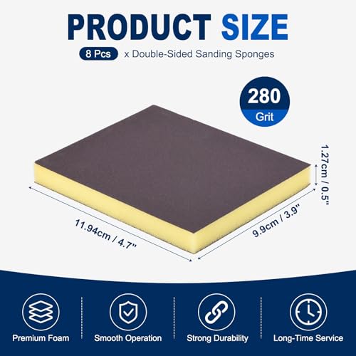8Pcs 280Grit Double-Sided Sanding Sponges, Washable & Reusable - size: 280Grit