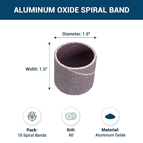 Benchmark Abrasives 1.5" x 1.5" Aluminum Oxide Abrasive Spiral Bands for Rotary Tools, Drum Sleeves for Sanding Deburring Blending Polishing on Metals Plastic Wood Rubber (10 Pack) - 60 Grit - style: 60 Grit