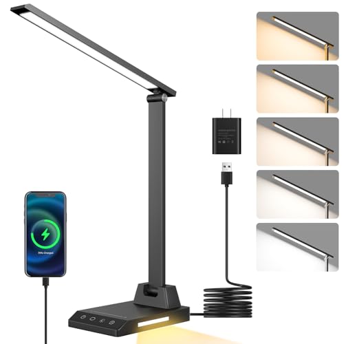 ShineTech LED Desk Lamp for Home Office, Foldable Reading Lamp with Adapter - color: Black