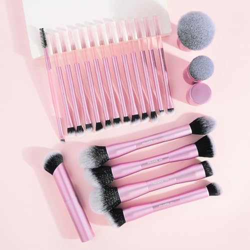 MAANGE 20 PCS Foundation Makeup Brush Set, Double-ended Kabuki Contour Brush for Liquid Powder Concealer Blending Blush Buffing Makeup Tools (Pink) - color: 20 Pcs - Pink, size: Full Brush Set