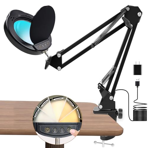 15X Magnifying Glass with Light and Clamp, 5 Color Modes 10 Levels Adjustable Brightness, 2-in-1 Desk Lamp with Clamp, Hands Free Magnifier with Dust Cover for Craft Hobby Reading Repair Close Works