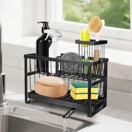 2-Tier Sink Sponge Caddy Organizer | Self Drain Sink Caddy with Dish Brush Holder | Non Toxic Kitchen Sink Accessories for Sponges, Brushes & Soap (Black) - color: Black