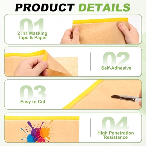 HARFINGTON Pre-Taped Masking Paper 8 in x 49 FT Yellow 1 pcs - color: Yellow, size: 8 IN x 49 FT