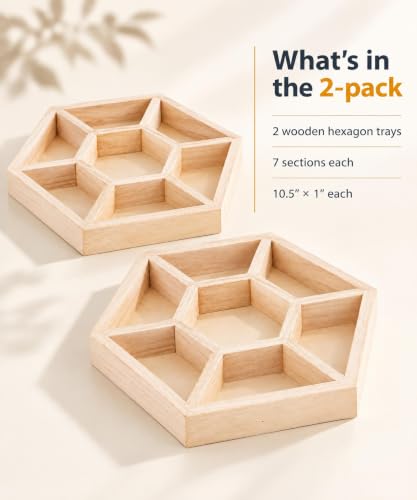 Hammont 7-Section Hexagon Wooden Serving Tray – 2-Pack 10.5" Platter - style: Hexagon Tray - Large