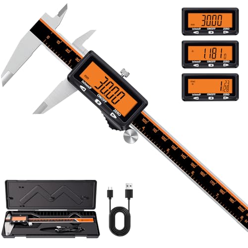 HARDELL Digital Caliper 8" USB-C Charging – Orange Display, Non-Backlit