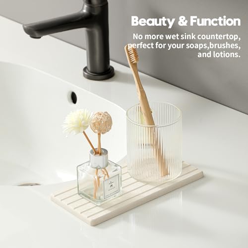 Razborci 2 Pack Greige Bathroom Sink Vanity Trays, Diatomite Stone Kitchen Counter Caddy Dish Soap Dispenser Sponge Holder, Water Absorbing Mat Organizer for Plant,Cosmetic Bottle, Beige, 8"x3.8" - color: 2 Pack - Beige, size: 8" x 3.8"