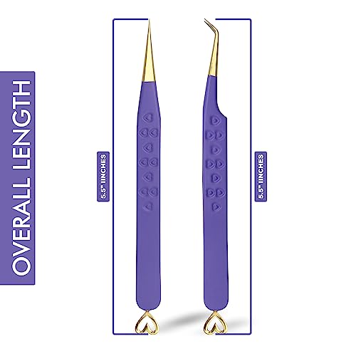 Precision Eyelash Extension Tweezers, Straight And 45-Degree, with Fiber Tip, Volume & Isolation Tweezers, Japanese Stainless Steel, Unique Heart Design (Purple Color) - color: Purple