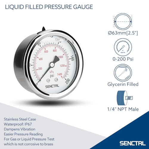 SENCTRL 0-200 Psi Liquid Filled Pressure Gauge, 1/4" NPT Back Mount - size: 0-200 Psi, style: Back Mount