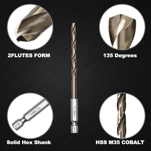 3/16 Cobalt Drill Bit for Metal and Hard Steel(10Pcs),Hex Shank Quick Change M35 HSS Twist Impact Drill Bit Set,with Storage Case - size: 3/16(10pcs)