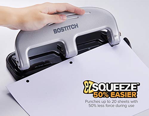 Bostitch Office EZ Squeeze 3-Hole Punch, 20 Sheet Capacity, Reduced Effort, No Jam Technology, Silver - color: Silver