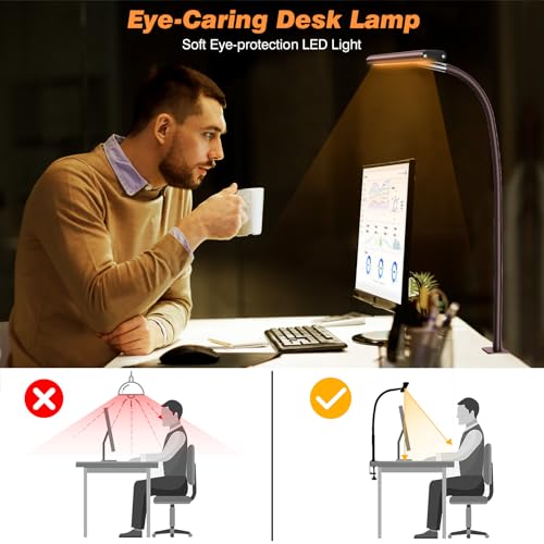 Airlonv LED Desk Lamp with Clamp, 17" Stepless Dimming Light, Brown - color: Brown, size: Standard
