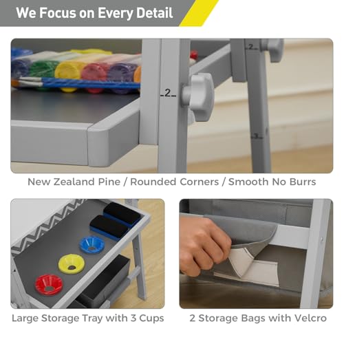 FUNLIO Anti-Warping Kids Art Easel, 3 Height Adjustable for Kids Aged 3-8, All-in-One Toddler Easel with Paper Roll & Erasable Frame, Standing Easel with Magnetic Chalkboard/Whiteboard (Gray) - style: Gray