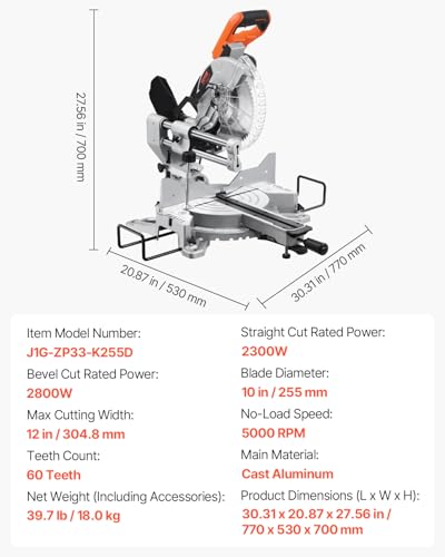VEVOR 10" Double Bevel Sliding Compound Miter Saw, 15 Amp, 60-Tooth Blade, LED Precision Laser Alignment, Adjustable Angles, Ideal for Wood, Composite Decking & Laminate Materials - size: 10 in
