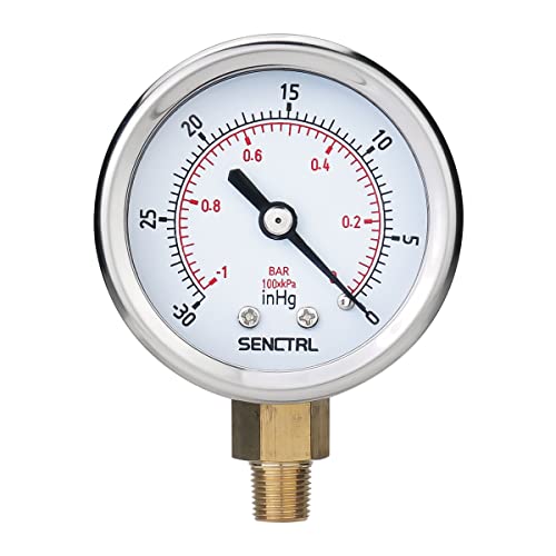 SENCTRL 30inHg Vacuum Pressure Gauge, 1/8" NPT Lower Mount - size: -14.7-0 Psi, style: Lower Mount (1/8" NPT)