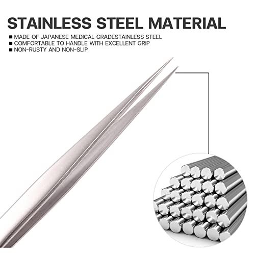 Pretty memory Pointed Tweezers for Eyelash Extensions, Stainless Steel Precision Straight Tip Lash tweezers for Isolation and Individual Lashes, Silver