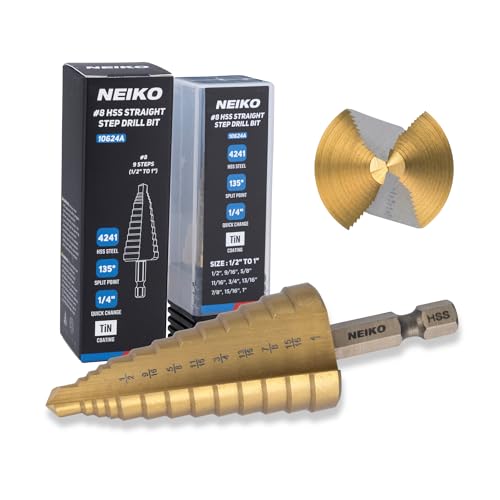 NEIKO 10624A Step Drill Bit, 9 Steps 1/2" to 1" Straight High Speed Steel, Titanium Nitride Coated, 1/4" Quick Change Step Bits for Steel, Metal, Wood, Plastic, Unibit Cone Drill Bits, Two Flute - size: #8 (1/2 - 1", 9S), style: Straight