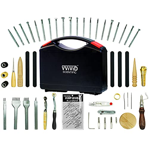 VViViD 59 Piece Leather Working Tools and Supplies Kit with Tool Box, Prong Punch, Edge Beveler, Wax Threads, Needles, Stitching, Sewing, Punching, Leather Making