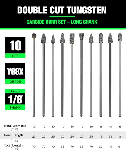 Carbide Burr Set Long Shank (10Pcs, 1/8) - size: 1/8 in, style: 10Pcs