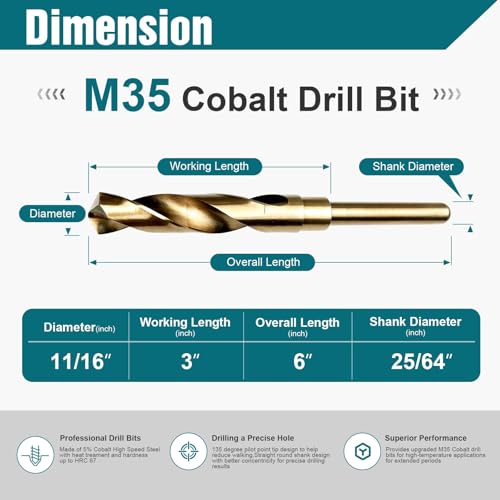 11/16 Inch Cobalt Drill Bit, M35 HSS Twist Drill Bit, 135° Split Point - size: 11/16 Inch