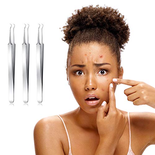 Honoson 3 Pcs Blackhead Tweezers Stainless Steel Tip Tool, Silver - color: Silver
