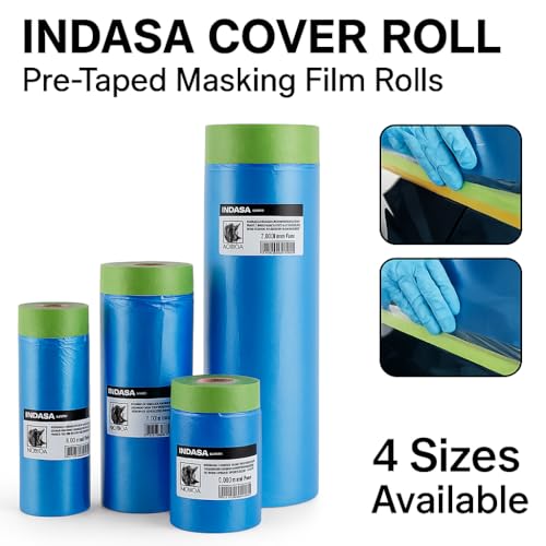 INDASA Cover Roll Pre-Taped Masking Film, Natural Rubber Tape, Static Cling Blue Polyethylene, Solvent Resistant, Multiple Sizes & Multipack Options (14"–71", 3–10 Rolls) (3, 24" x 27 Yards (600mm)) - size: 24" x 27 yards (600mm)