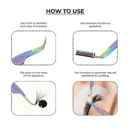 Eyelash Extension Tweezers Set of 6, Fiber Tips, Rainbow - color: Rainbow