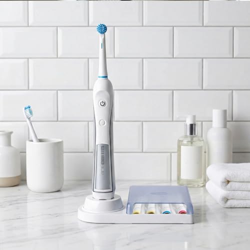 Brush Head Holder Compatible with Braun Oral B, Electric Toothbrush Head Holder Stand, Unique Blue Bracket Base, 4-Slot Display Rack, Portable Countertop Bathroom Organizer with Brush Storage Cover