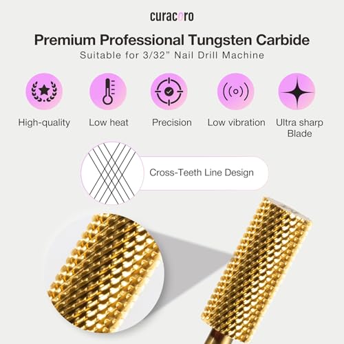 Curacoro Nail Drill Bits 3/32'' Small Barrel Carbide Bit (Medium) - color: Yellow Titanium - Small Barrel Bit, size: Medium