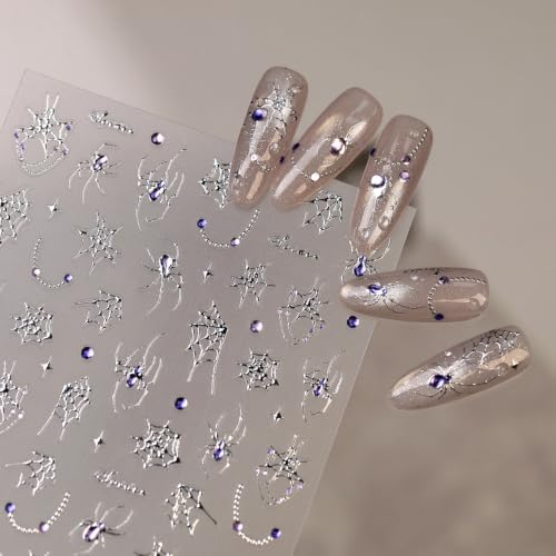 1 Sheet Gothic Halloween Spider Nail Stickers for Nail Art 5D Embossed Self Adhesive Nail Decals Purple Spider Silver Spider Web Spiders Design Halloween Nail Supplies for Women DIY Manicure Decor - color: Purple Diamond Spider