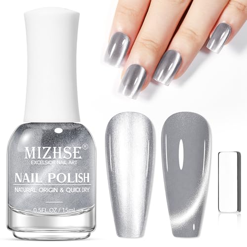 MIZHSE Quick Dry Cat Eye Nail Polish, Silver Magnetic Nail Polish Glossy - color: Cat Eye Silver