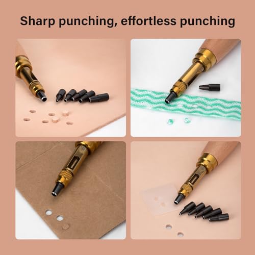 WUTA Adjustable Screw Hole Punch Automatic Interchangeable Heads Hole Punch Tool with 6 Tips Size 1.5mm/2mm/2.5mm/3mm/3.5mm/4mm