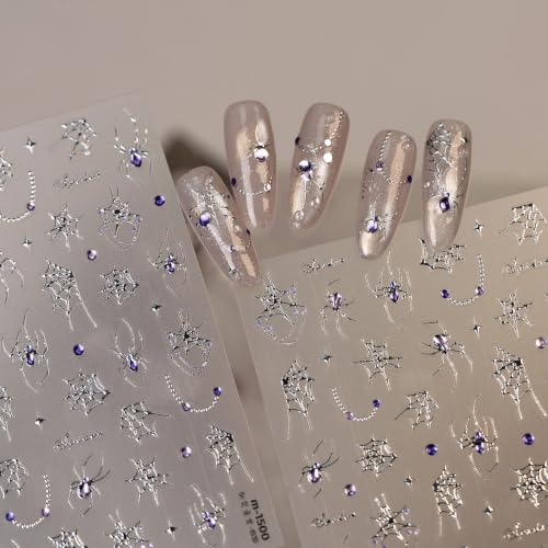 1 Sheet Gothic Halloween Spider Nail Stickers for Nail Art 5D Embossed Self Adhesive Nail Decals Purple Spider Silver Spider Web Spiders Design Halloween Nail Supplies for Women DIY Manicure Decor - color: Purple Diamond Spider