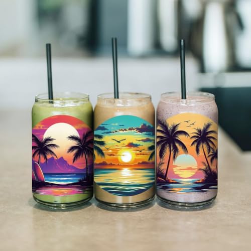 arricraft 10 Pcs Hawaii Theme Cup Printing UV Transfer Papers, 10 Styles Coconut Trees Ocean UV DTF Cup Wrap Stickers for 16 OZ Glass Cups Crafts 9.5x4.3inch - style: Colorful Hawaii Theme