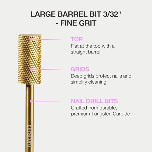 Curacoro Nail Drill Bits 3/32'' Large Barrel Carbide Bit (Fine) - color: Yellow Titanium - Large Barrel Bit, size: Fine