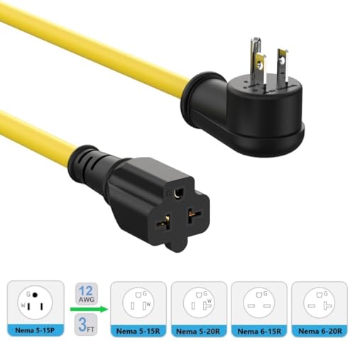 3FT 12AWG Heavy Duty Right-Angle Extension Cord 90 Degree 15-Amp to 20-Amp - color: 3 FT