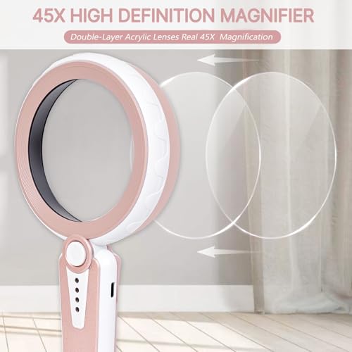 45X Magnifying Glass with Light for Reading, Jewelry, Low Vision Seniors - color: Pink
