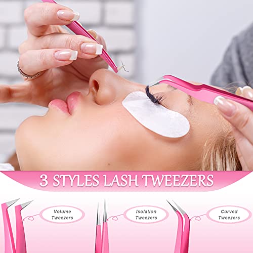 Mudder 6 Pack Lash Tweezers Set for Eyelash Extension, Pink - color: Pink