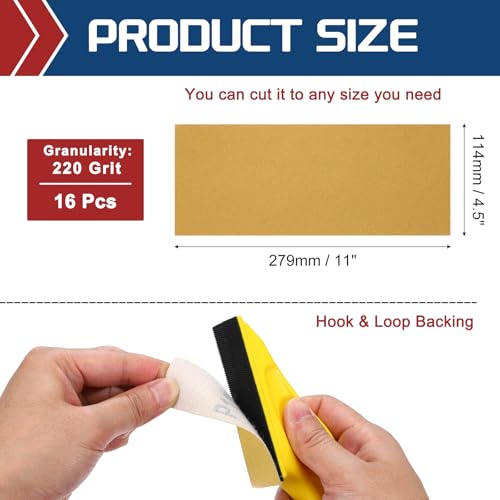 16Pcs Sand Papers 4.5x11Inch 220Grit Alumina Abrasive Hook&Loop Back - size: 4.5 x 11 Inch x 220 Grits